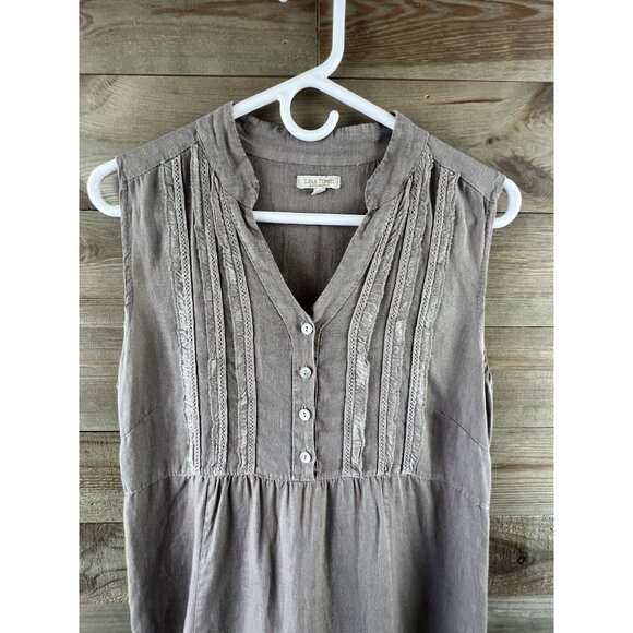 Lina Tomei Dress Sleeveless Linen Lace Detail Button Ruffle Hem Large - Picture 2 of 9